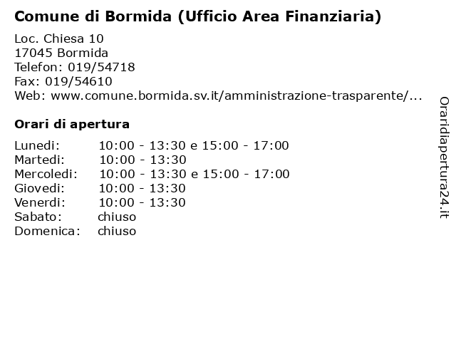 Comune di Bormida (Ufficio Area Finanziaria) a Bormida: indirizzo e orari di apertura