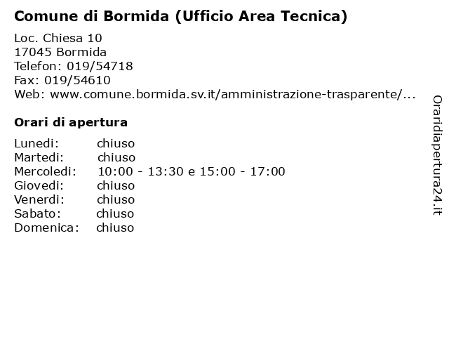 Comune di Bormida (Ufficio Area Tecnica) a Bormida: indirizzo e orari di apertura
