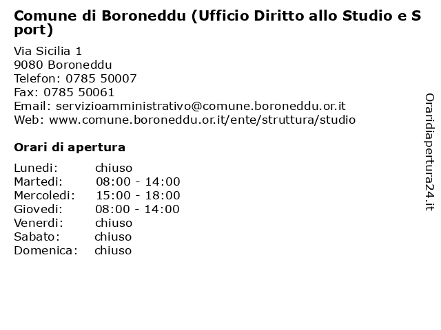 Comune di Boroneddu (Ufficio Diritto allo Studio e Sport) a Boroneddu: indirizzo e orari di apertura