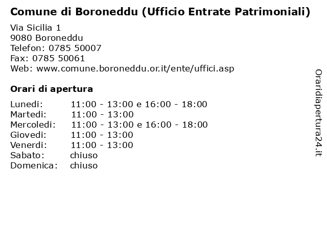 Comune di Boroneddu (Ufficio Entrate Patrimoniali) a Boroneddu: indirizzo e orari di apertura