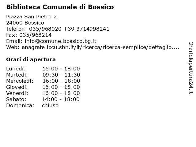 Biblioteca Comunale di Bossico a Bossico: indirizzo e orari di apertura