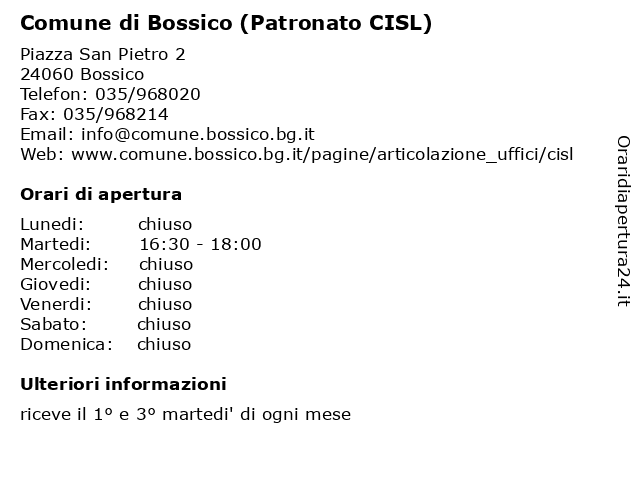 Comune di Bossico (Patronato CISL) a Bossico: indirizzo e orari di apertura