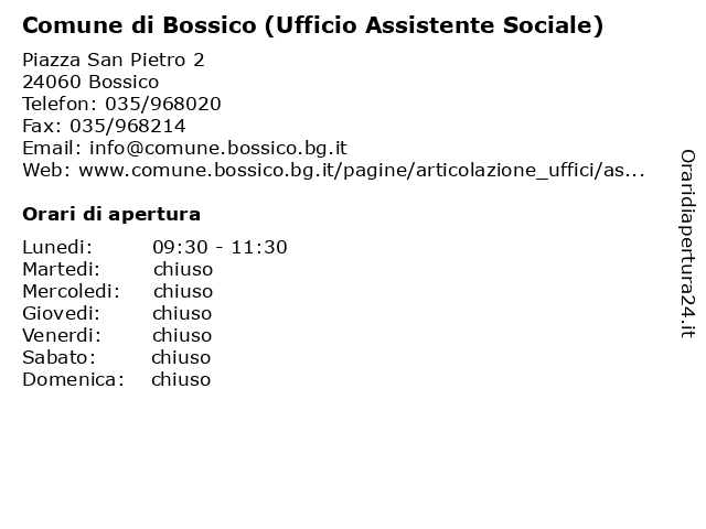 Comune di Bossico (Ufficio Assistente Sociale) a Bossico: indirizzo e orari di apertura
