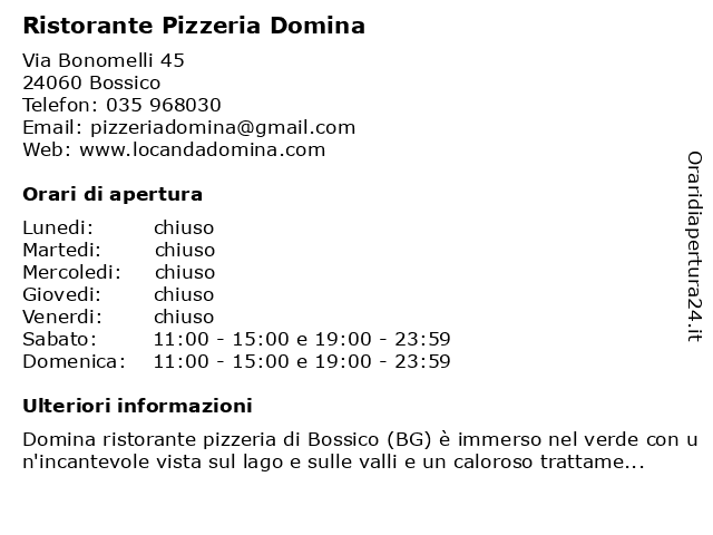 Ristorante Pizzeria Domina a Bossico: indirizzo e orari di apertura