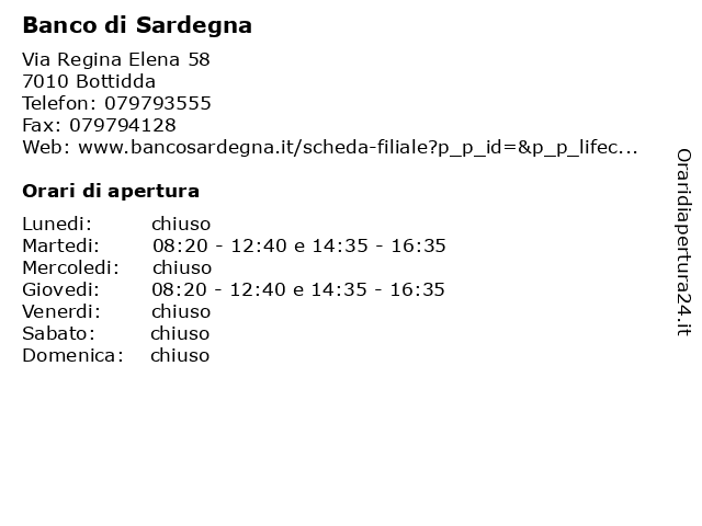 Banco di Sardegna a Bottidda: indirizzo e orari di apertura