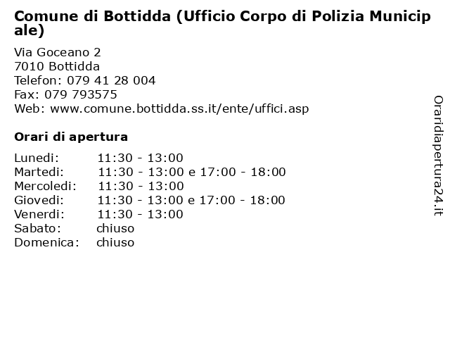 Comune di Bottidda (Ufficio Corpo di Polizia Municipale) a Bottidda: indirizzo e orari di apertura