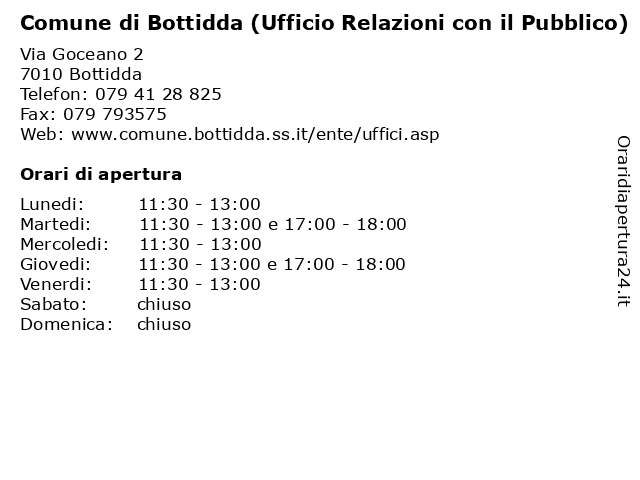 Comune di Bottidda (Ufficio Relazioni con il Pubblico) a Bottidda: indirizzo e orari di apertura