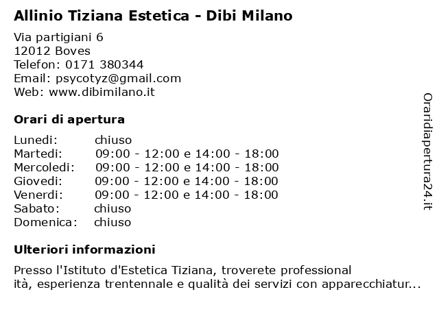 ᐅ Orari Allinio Tiziana Estetica Dibi Milano Via Partigiani 6 112 Boves
