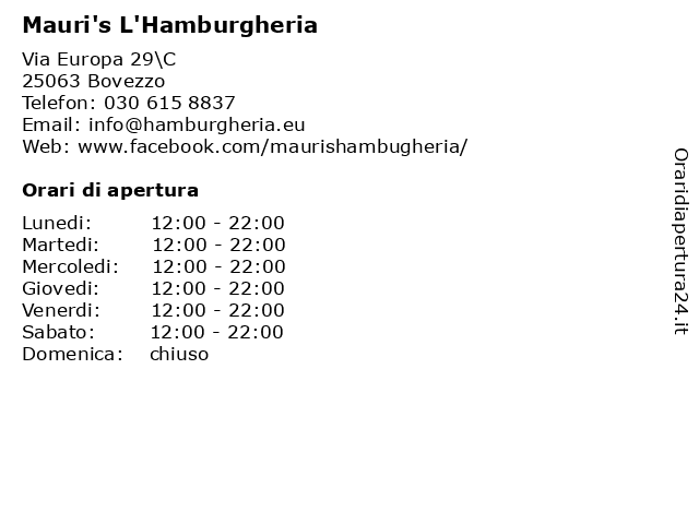 Mauri's L'Hamburgheria a Bovezzo: indirizzo e orari di apertura