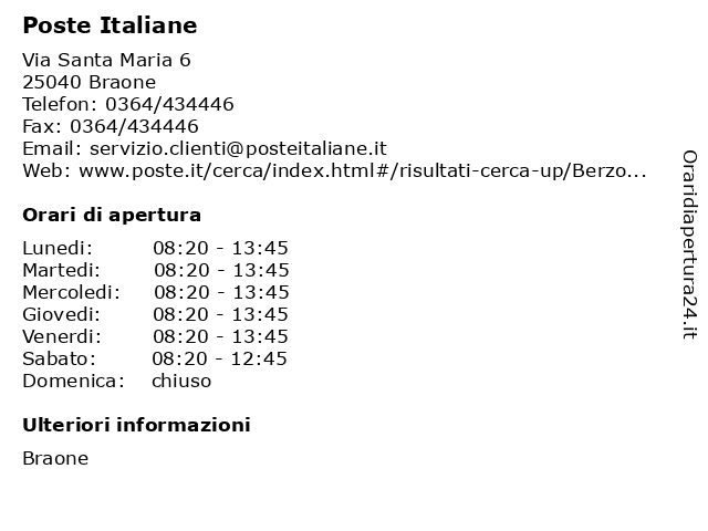 Poste Italiane a Braone: indirizzo e orari di apertura