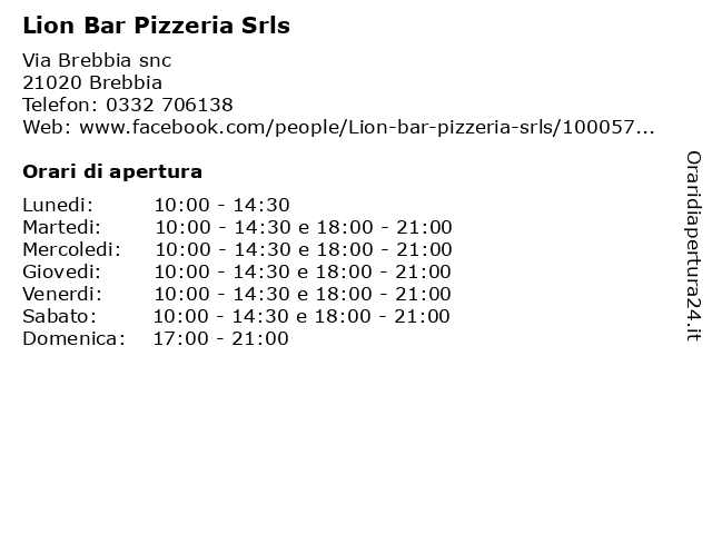 Lion Bar Pizzeria Srls a Brebbia: indirizzo e orari di apertura
