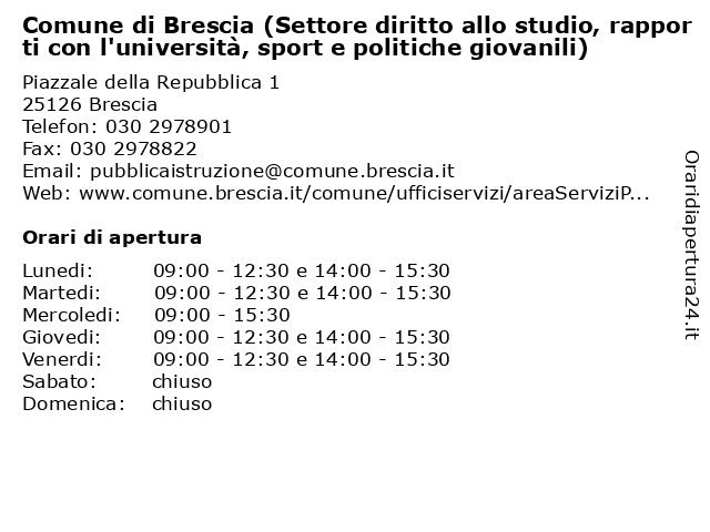 Comune di Brescia (Settore diritto allo studio, rapporti con l'università, sport e politiche giovanili) a Brescia: indirizzo e orari di apertura