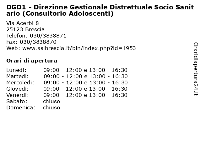 DGD1 - Direzione Gestionale Distrettuale Socio Sanitario (Consultorio Adoloscenti) a Brescia: indirizzo e orari di apertura