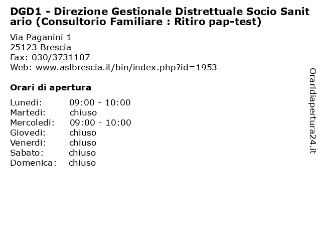 DGD1 - Direzione Gestionale Distrettuale Socio Sanitario (Consultorio Familiare : Ritiro pap-test) a Brescia: indirizzo e orari di apertura