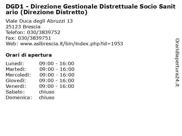 DGD1 - Direzione Gestionale Distrettuale Socio Sanitario (Direzione Distretto) a Brescia: indirizzo e orari di apertura