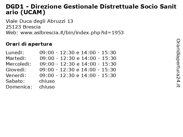 DGD1 - Direzione Gestionale Distrettuale Socio Sanitario (UCAM) a Brescia: indirizzo e orari di apertura