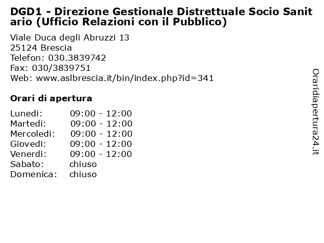 DGD1 - Direzione Gestionale Distrettuale Socio Sanitario (Ufficio Relazioni con il Pubblico) a Brescia: indirizzo e orari di apertura