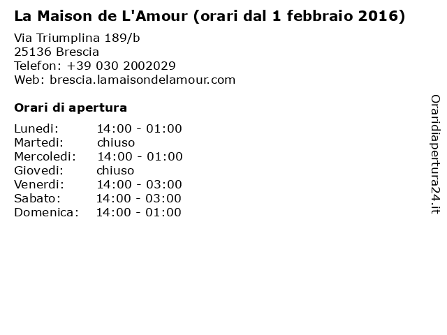 La Maison de L'Amour (orari dal 1 febbraio 2016) a Brescia: indirizzo e orari di apertura