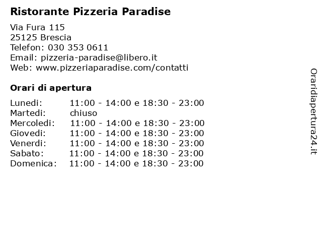 Ristorante Pizzeria Paradise a Brescia: indirizzo e orari di apertura