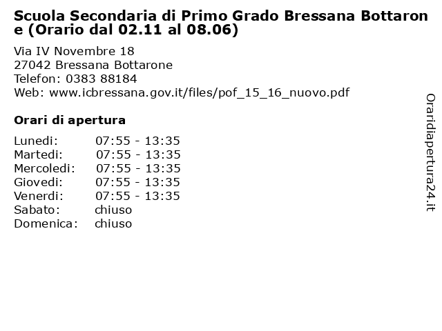 Scuola Secondaria di Primo Grado Bressana Bottarone (Orario dal 02.11 al 08.06) a Bressana Bottarone: indirizzo e orari di apertura