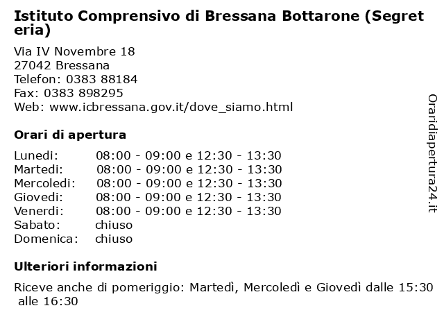 Istituto Comprensivo di Bressana Bottarone (Segreteria) a Bressana: indirizzo e orari di apertura