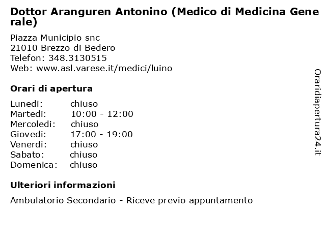 Dottor Aranguren Antonino (Medico di Medicina Generale) a Brezzo di Bedero: indirizzo e orari di apertura