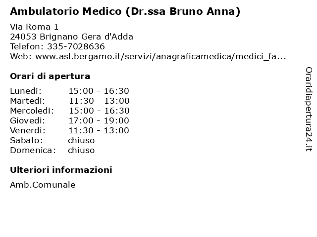 Ambulatorio Medico (Dr.ssa Bruno Anna) a Brignano Gera d'Adda: indirizzo e orari di apertura