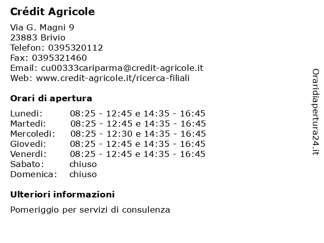 Crédit Agricole a Brivio: indirizzo e orari di apertura