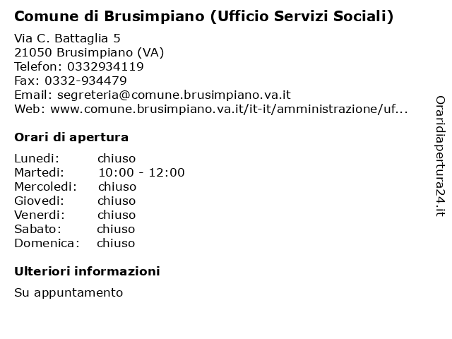 Comune di Brusimpiano (Ufficio Servizi Sociali) a Brusimpiano (VA): indirizzo e orari di apertura