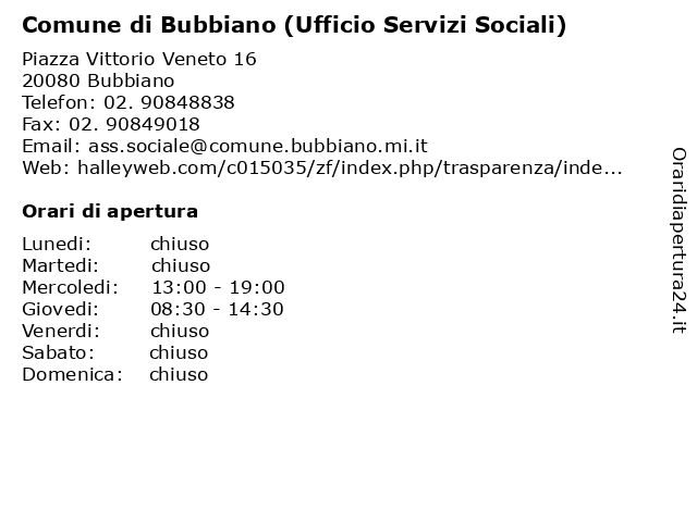 Comune di Bubbiano (Ufficio Servizi Sociali) a Bubbiano: indirizzo e orari di apertura