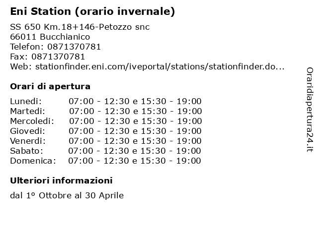 Eni Station (orario invernale) a Bucchianico: indirizzo e orari di apertura