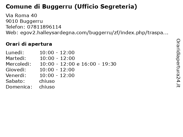 Comune di Buggerru (Ufficio Segreteria) a Buggerru: indirizzo e orari di apertura