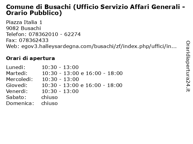 Comune di Busachi (Ufficio Servizio Affari Generali - Orario Pubblico) a Busachi: indirizzo e orari di apertura