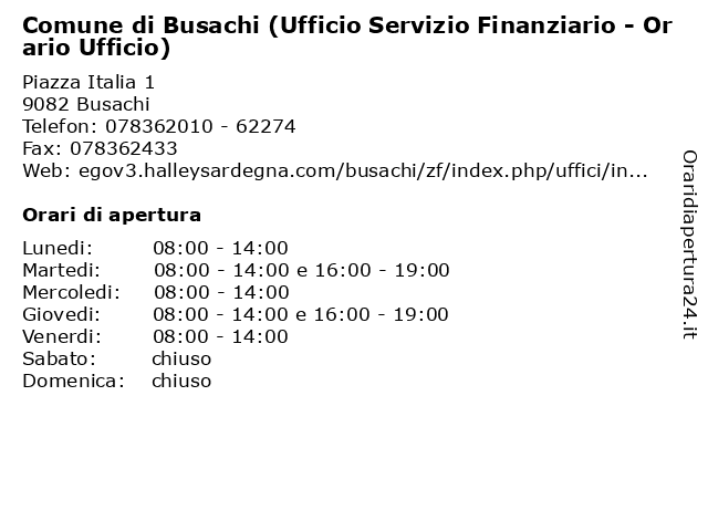 Comune di Busachi (Ufficio Servizio Finanziario - Orario Ufficio) a Busachi: indirizzo e orari di apertura