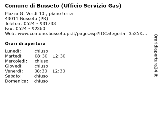 Comune di Busseto (Ufficio Servizio Gas) a Busseto (PR): indirizzo e orari di apertura