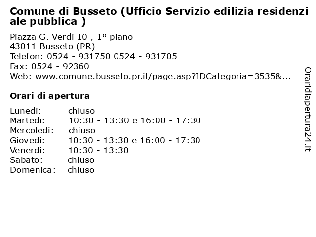 Comune di Busseto (Ufficio Servizio edilizia residenziale pubblica ) a Busseto (PR): indirizzo e orari di apertura