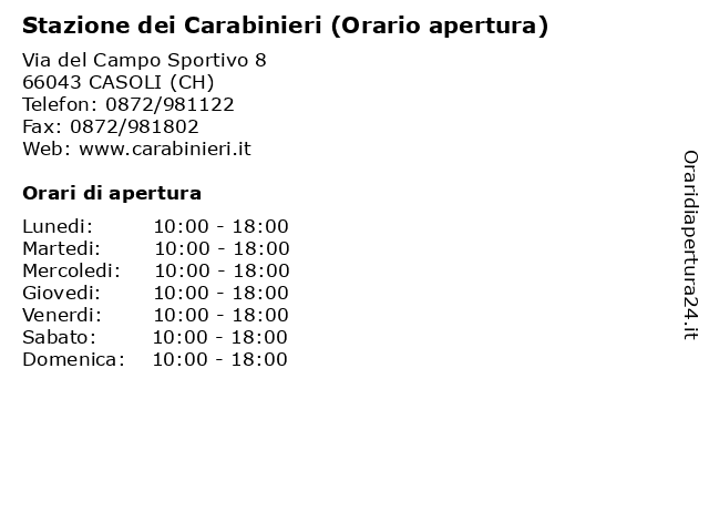 Stazione dei Carabinieri (Orario apertura) a CASOLI (CH): indirizzo e orari di apertura