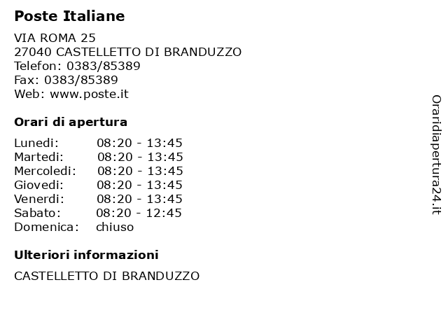 Poste Italiane a CASTELLETTO DI BRANDUZZO: indirizzo e orari di apertura