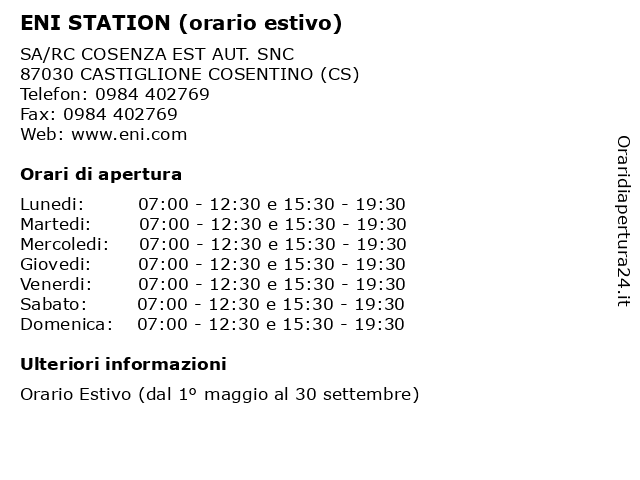 ENI STATION (orario estivo) a CASTIGLIONE COSENTINO (CS): indirizzo e orari di apertura