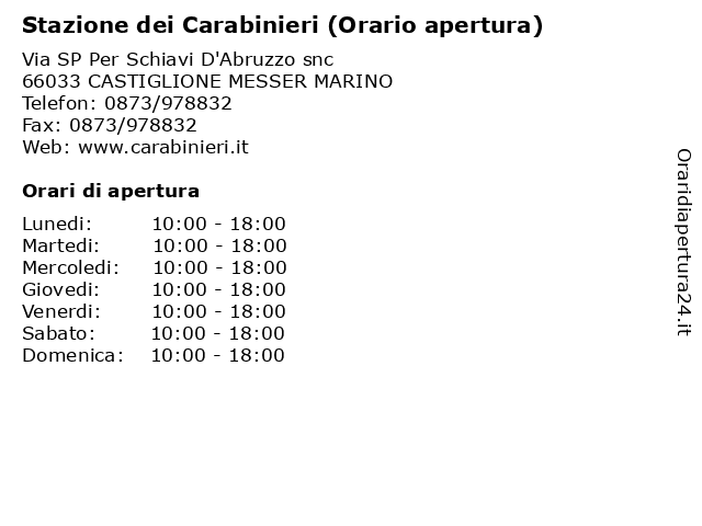 Stazione dei Carabinieri (Orario apertura) a CASTIGLIONE MESSER MARINO: indirizzo e orari di apertura