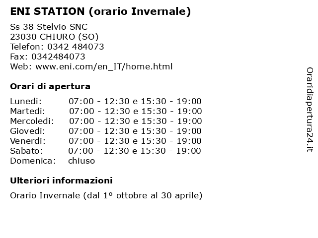 ENI STATION (orario Invernale) a CHIURO (SO): indirizzo e orari di apertura