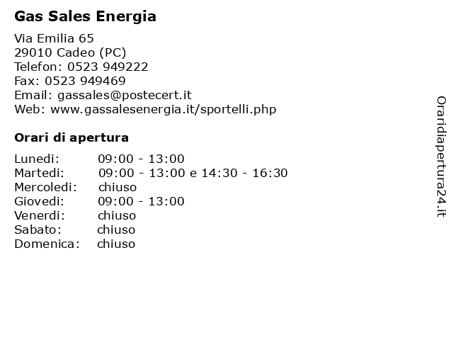 Gas Sales Energia a Cadeo (PC): indirizzo e orari di apertura