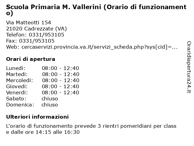 Scuola Primaria M. Vallerini (Orario di funzionamento) a Cadrezzate (VA): indirizzo e orari di apertura