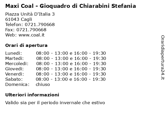 Maxi Coal - Gioquadro di Chiarabini Stefania a Cagli: indirizzo e orari di apertura