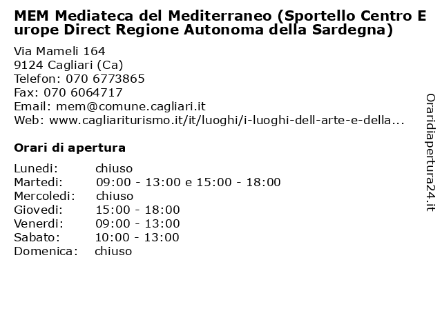 MEM Mediateca del Mediterraneo (Sportello Centro Europe Direct Regione Autonoma della Sardegna) a Cagliari (Ca): indirizzo e orari di apertura