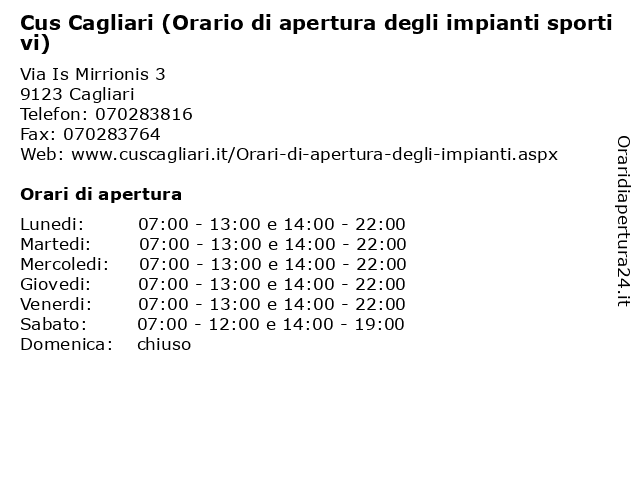 Cus Cagliari (Orario di apertura degli impianti sportivi) a Cagliari: indirizzo e orari di apertura