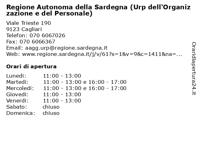 Regione Autonoma della Sardegna (Urp dell'Organizzazione e del Personale) a Cagliari: indirizzo e orari di apertura