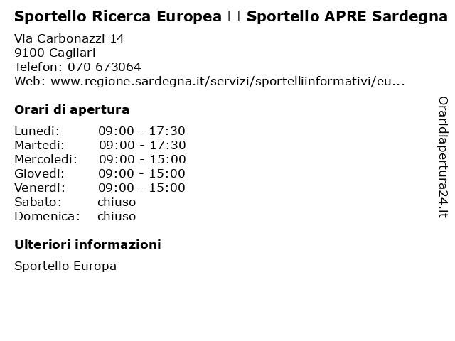 Sportello Ricerca Europea – Sportello APRE Sardegna a Cagliari: indirizzo e orari di apertura