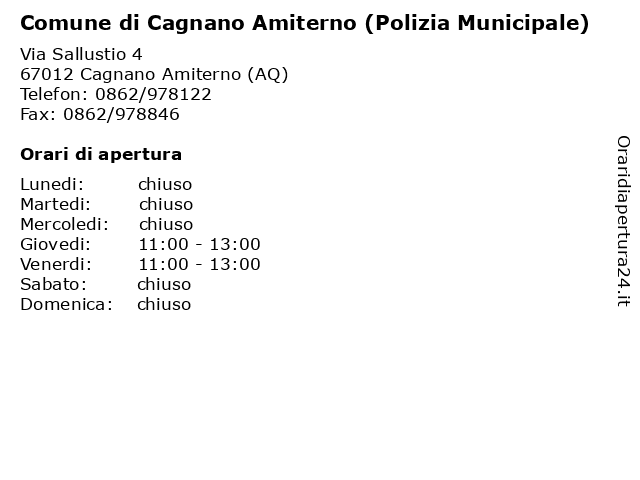 Comune di Cagnano Amiterno (Polizia Municipale) a Cagnano Amiterno (AQ): indirizzo e orari di apertura