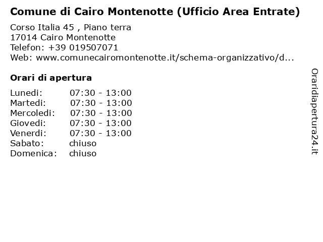 Comune di Cairo Montenotte (Ufficio Area Entrate) a Cairo Montenotte: indirizzo e orari di apertura